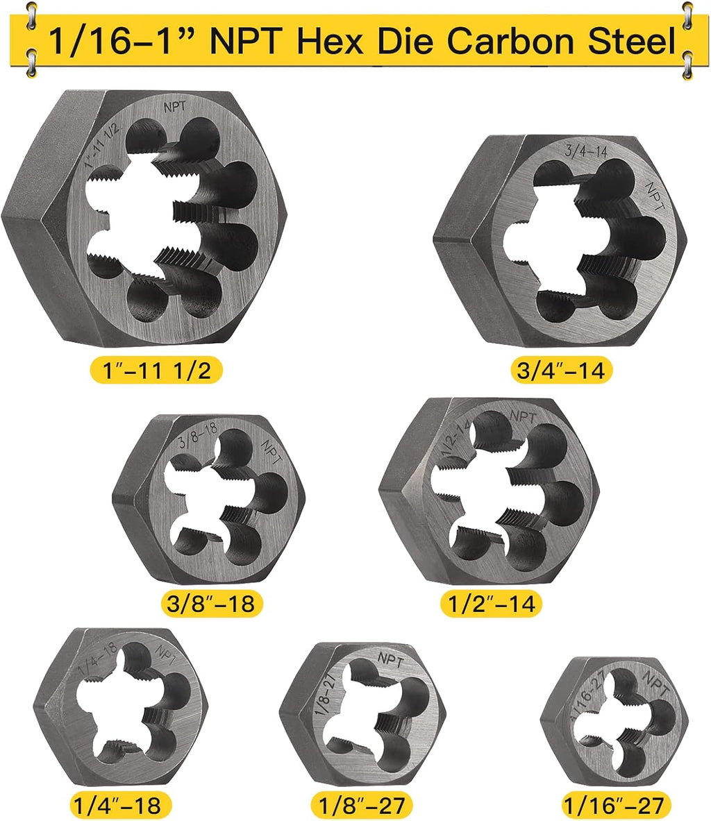 NPT Pipe Tap and Die Set 1/16', 1/8', 1/4', 3/8', 1/2', 3/4' and 1', Rethreading High Speed Steel Taper Taps and GCr15 Carbon Steel Hex Dies (NPT-14 Pcs)