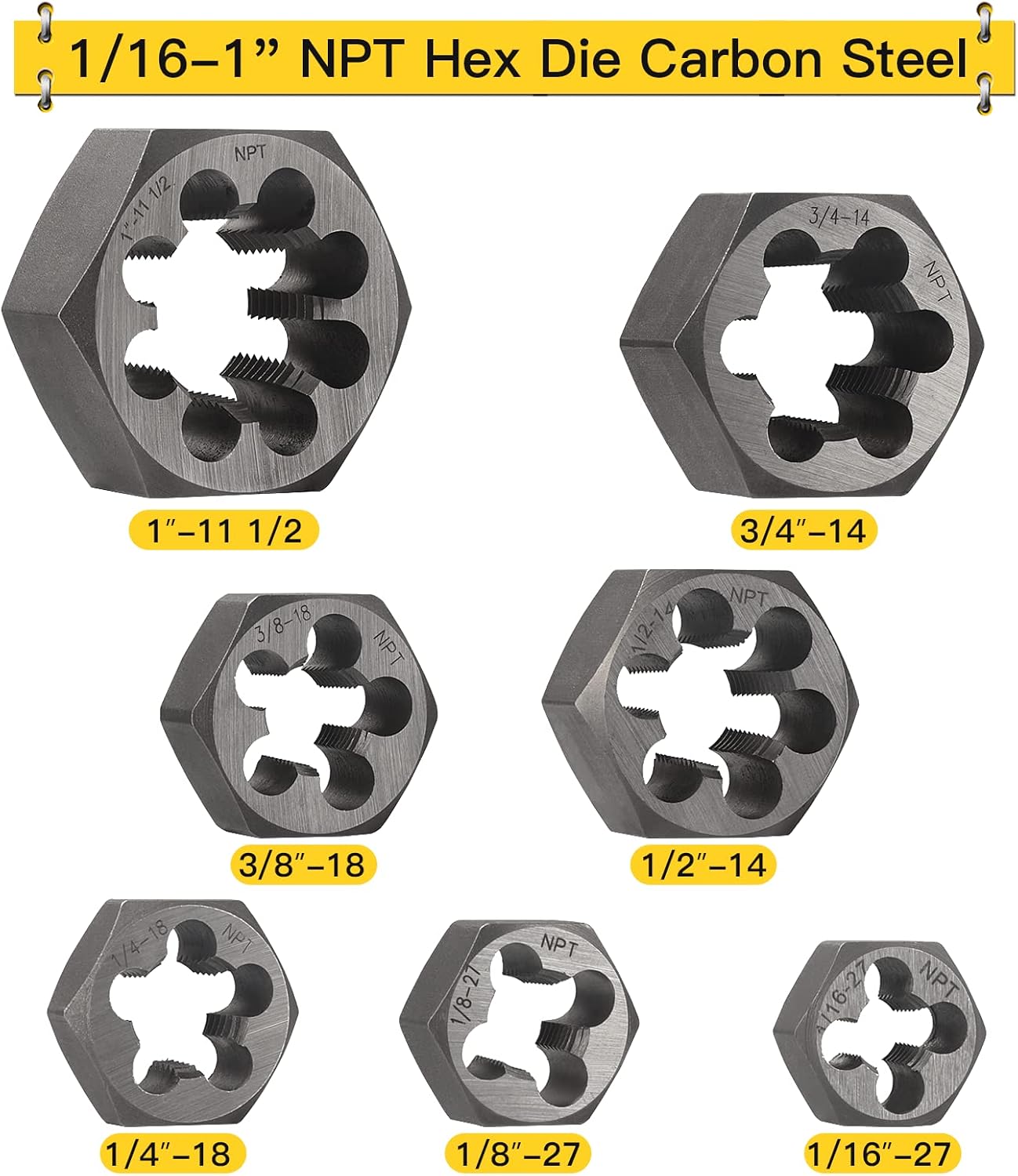 NPT Pipe Tap and Die Set 1/16', 1/8', 1/4', 3/8', 1/2', 3/4' and 1', Rethreading High Speed Steel Taper Taps and GCr15 Carbon Steel Hex Dies (NPT-14 Pcs)
