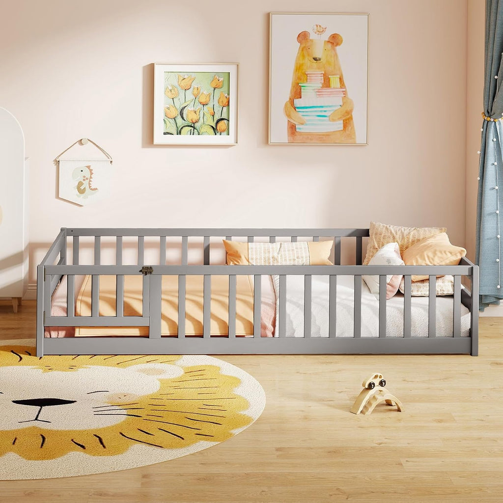 BECOMFORT Twin Floor Bed for Kids, Kids Twin Floor Bed Frame with Door, Latch & Safety Guardrails, Montessori Bed for Boys Girls
