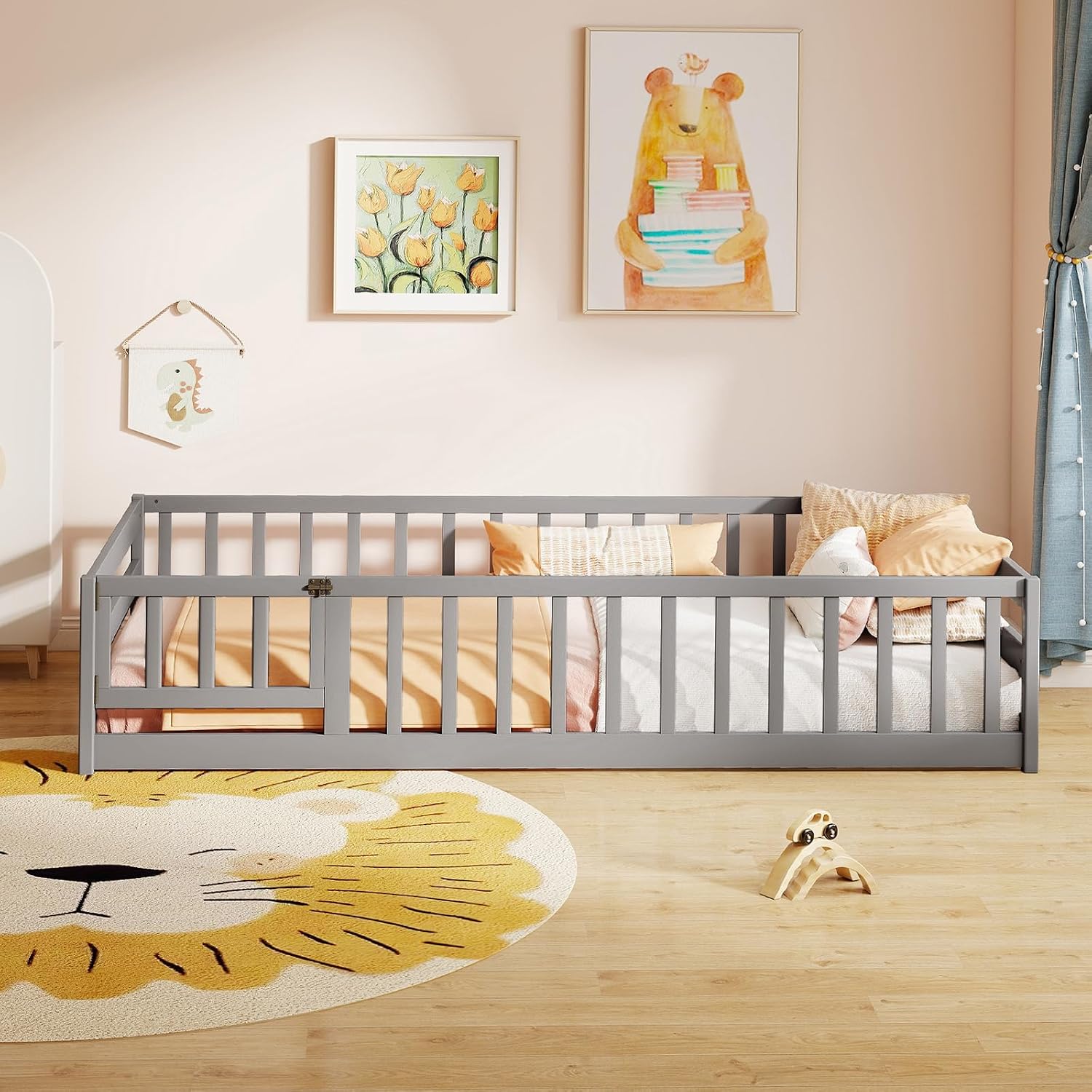 BECOMFORT Twin Floor Bed for Kids, Kids Twin Floor Bed Frame with Door, Latch & Safety Guardrails, Montessori Bed for Boys Girls