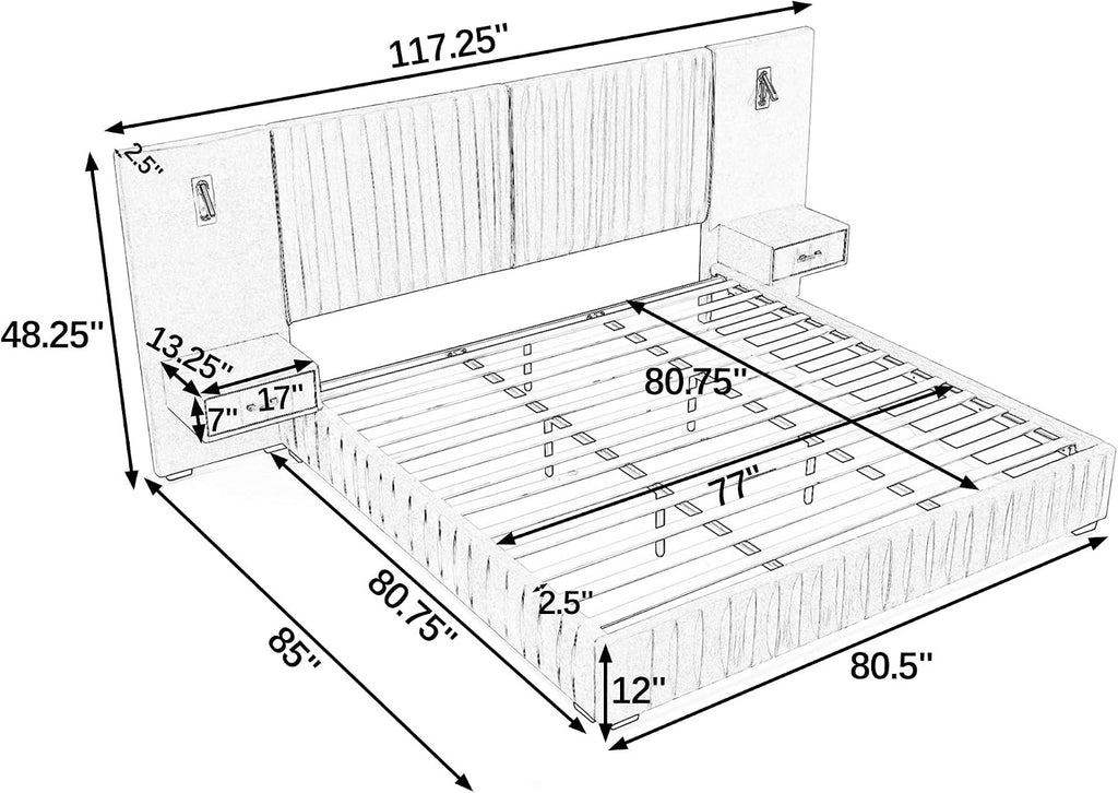 Merax Chenille Upholstered King Size Bed Frame with Wide Headboard and 2 Nightstands, Low Platform Bed Frame with Small Reading Lamp and Pleating Design for Adults, No Box Spring Needed, Blue Green
