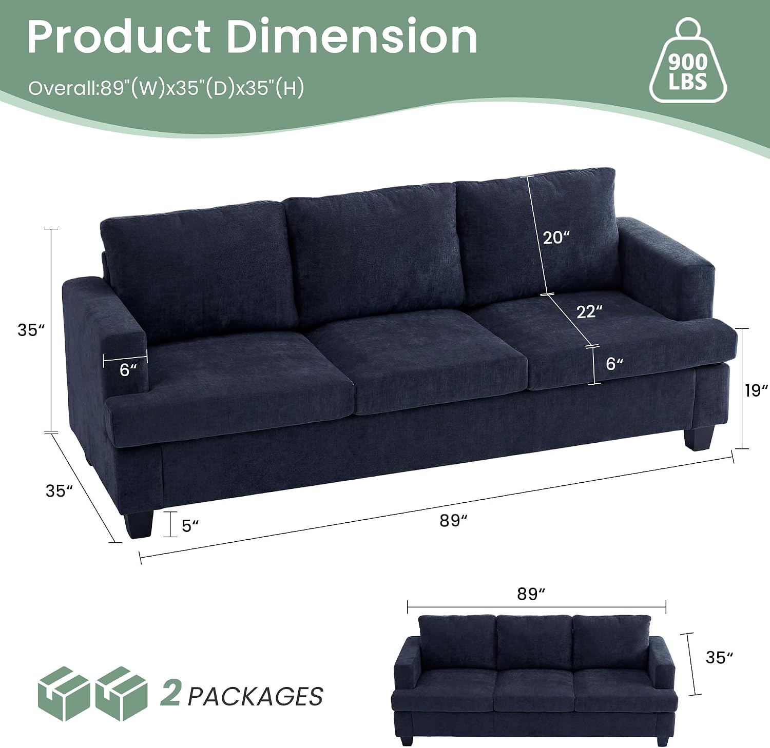 Fiona's magic 8 Seats Couch Set, 3 Piece Set Comfy Sofa, 3 Seater*2 & Loveseat Sofa with Deep Seats for Living Room, Modern Sleeper Couch, Navy Chenille