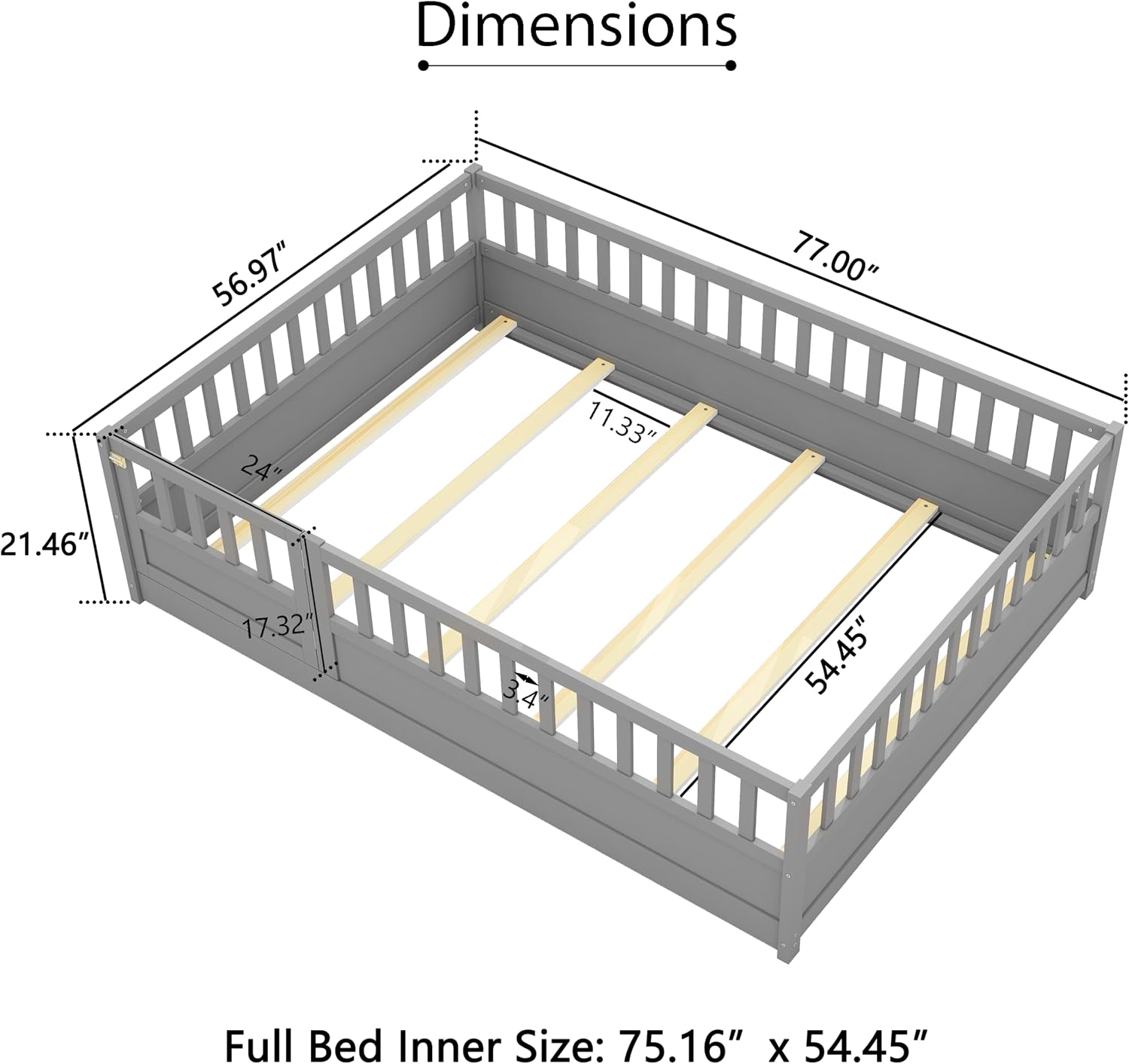 Bellemave Full Size Floor Bed with Slats and Door, Full Size Montessori Floor Bed with Rails, Easy Assemble Montessori Beds Frame for Bedroom, Gray