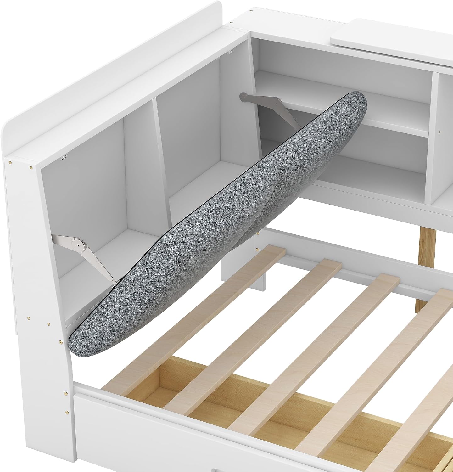Twin Size Platform Bed with Storage Headboard and Shelves, Wooden Daybed Frame with Side Bookcase and 2 Drawers,Wood Slat Support, Rotatable Storage Board (White-83J)