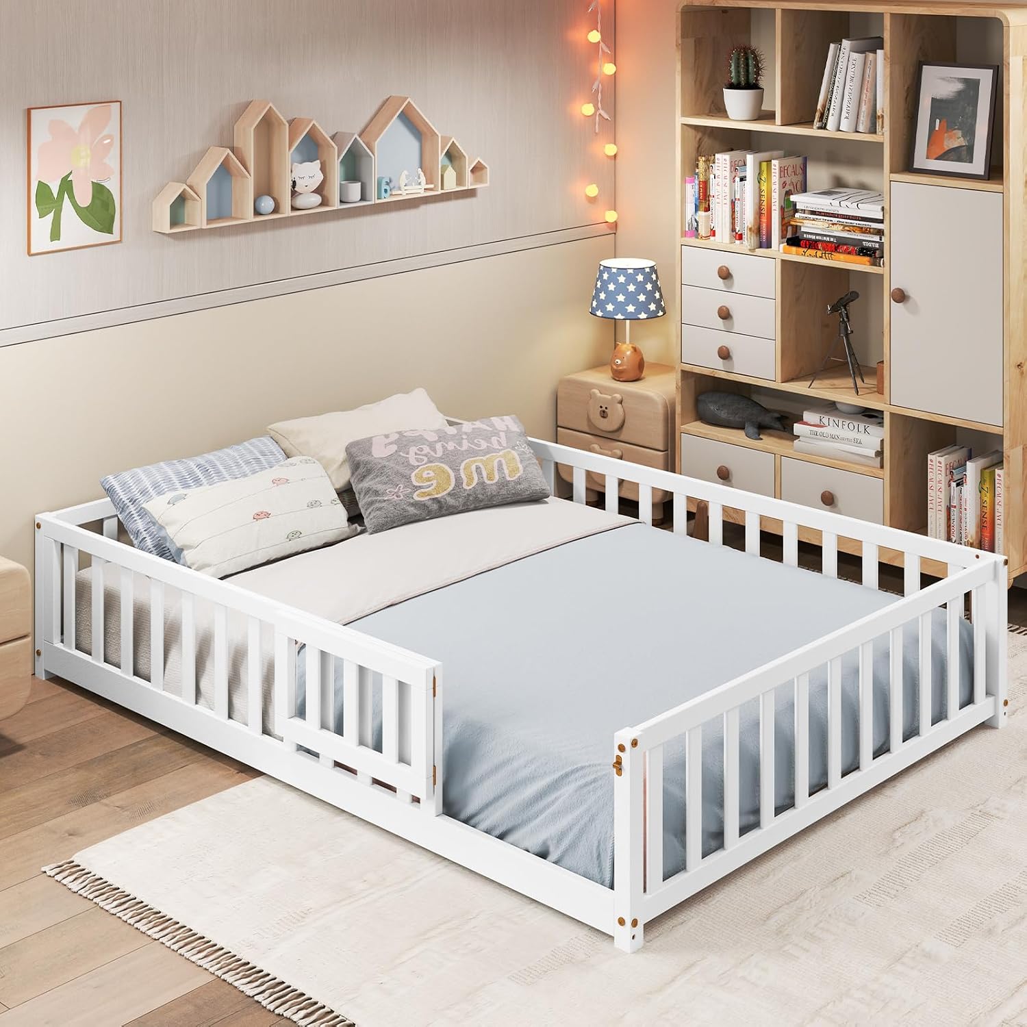 Giantex Full Size Floor Bed for Kids, Low Montessori Bed with Wood Slats & Safety Guardrails, Solid Wood Full Floor Beds with Fence and Door for Kids Boys Girls, White