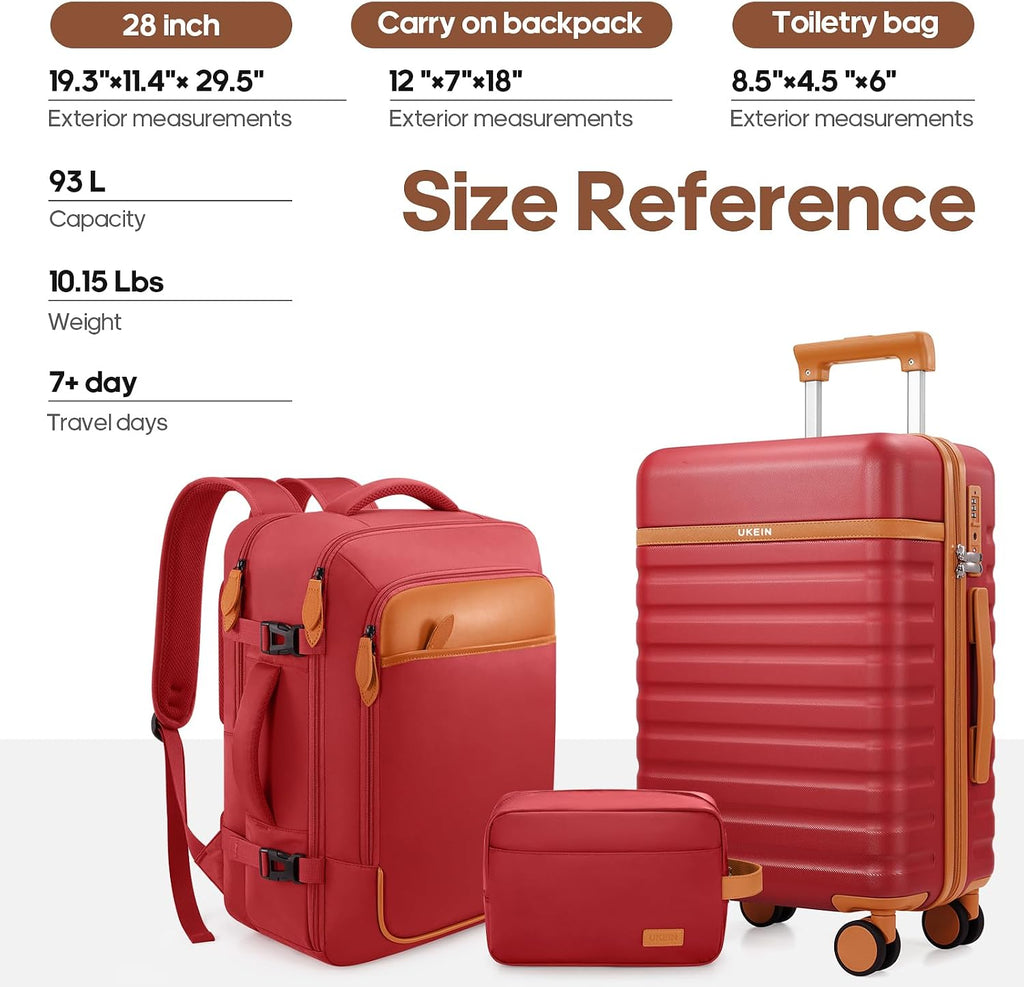 UKEIN Luggage Sets 3 Piece, PC Hardside Checked Luggage 28 Inch With Spinner Wheels with TSA Lock, Large Suitcase Set With Travel Backpack for Men (Red, 3 piece set (28inch))