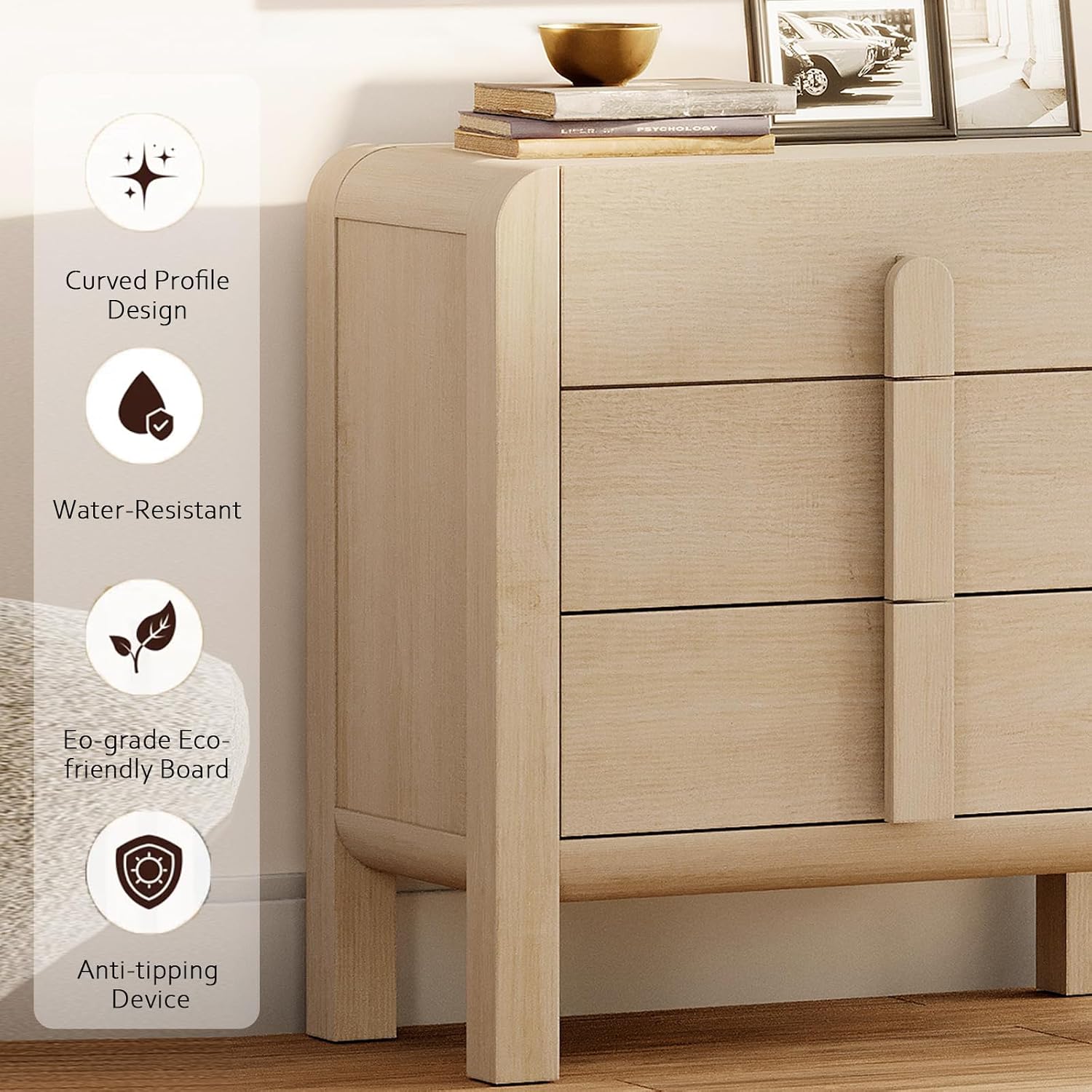 WAMPAT 3 Piece Bedroom Dresser Set, 110.2' Wide Mid Century Modern Chest of Drawers with Curved Handles, Dresser TV Stand with 12 Drawers, Wood Drawer Organizer for Bedroom, Light Oak