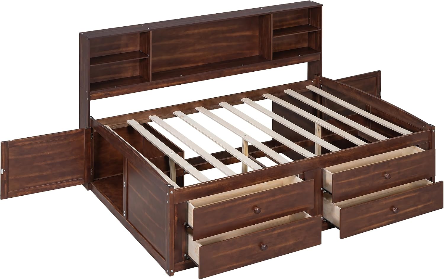 Classic Style Full Size Captain Bed with Built-in Storage Shelves, Wooden Daybed Frame with 4 Drawers and 2 Cabinets, Wood Slats Support for Kids Teens Adults, No Box Spring Needed