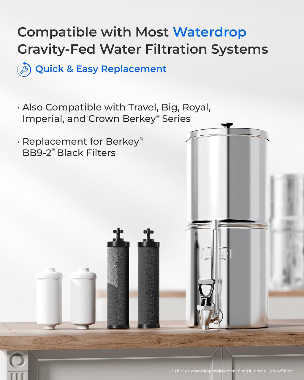 [Ultrafiltration] Waterdrop Gravity Water Filter, Replacement for Berkey®, Purewell®, BB9-2® Black Filters & PF-2® Fluoride Filters, Waterdrop Gravity Water Filter System, NSF/ANSI 372 Standard