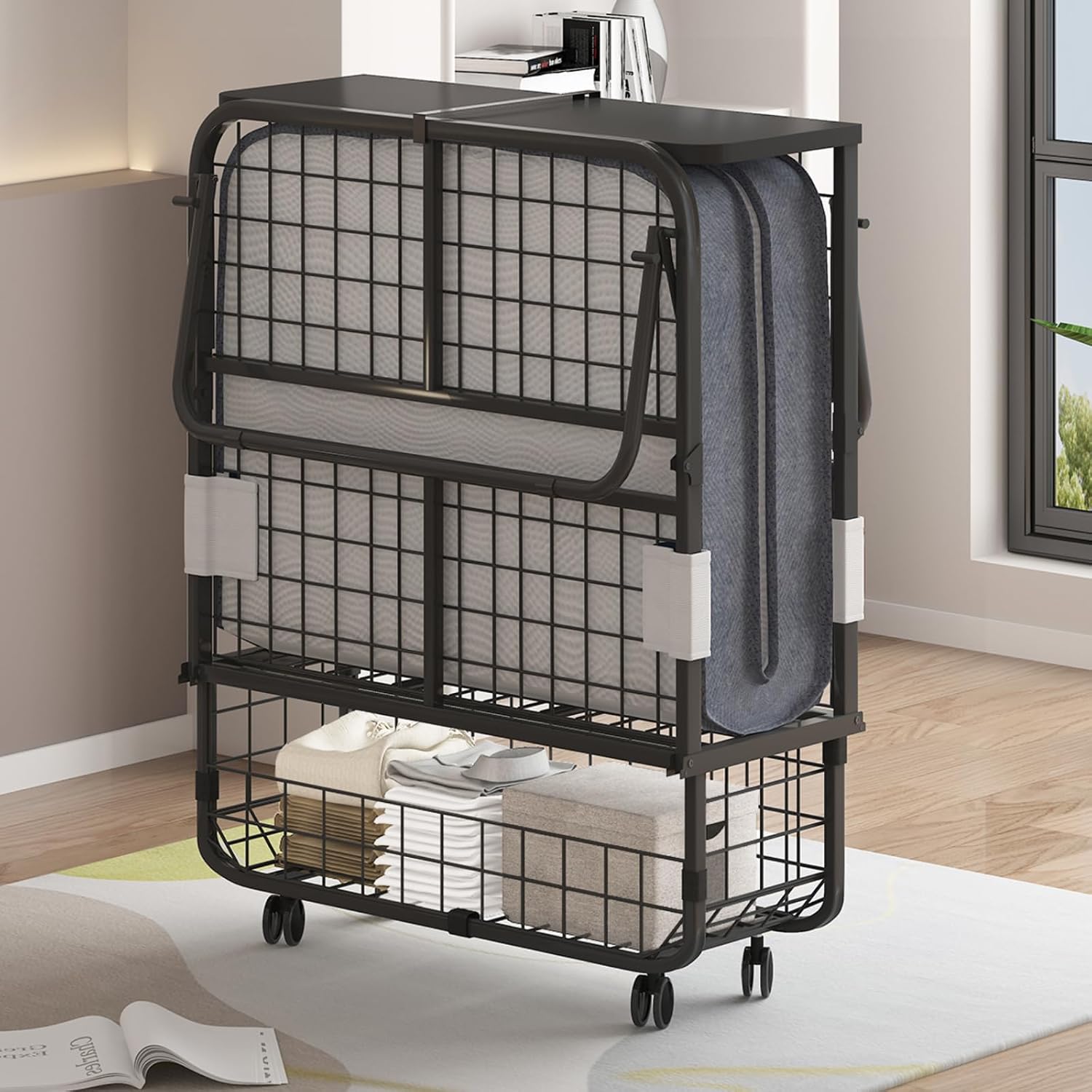 BALUS Folding Bed with Mattress for Adults, 75' x 31' Rollaway Bed with Head Baffle & Mesh Storage Basket, Fold Up Beds for Guests, Foldable Frame with Locking Casters for Easy Moving（Upgrade）