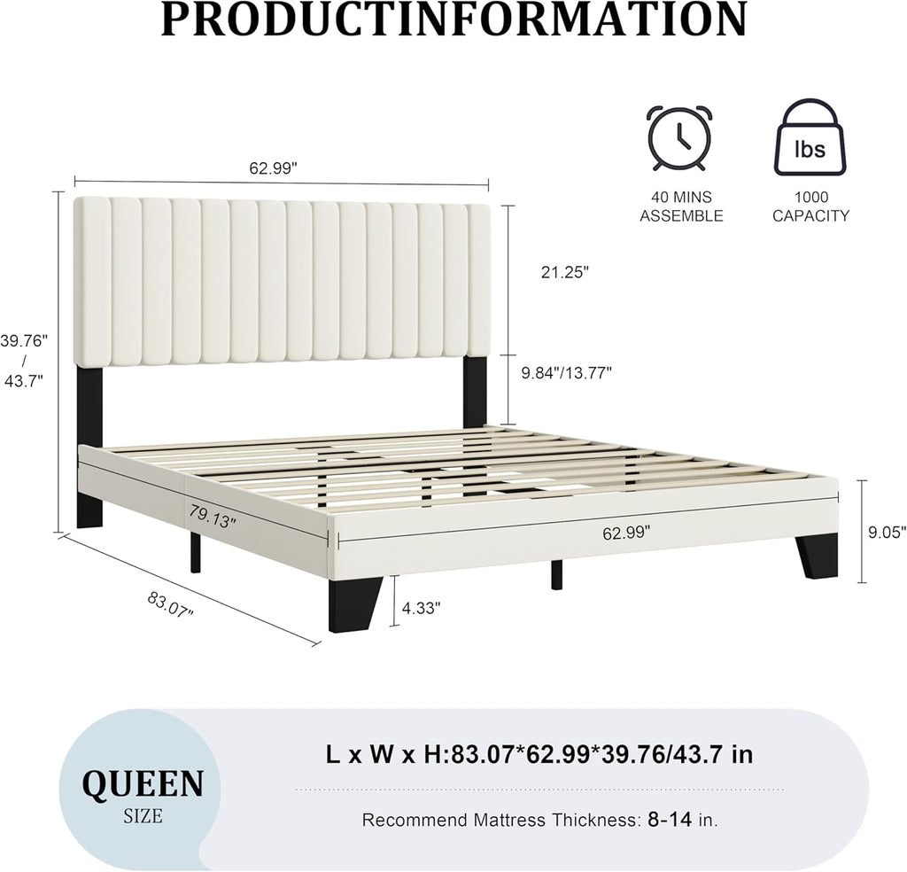 Queen Bed Frame, Velvet Upholstered Platform Bed Frame with Adjustable Headboard, Vertical Quilted Design, Sturdy Slatted Mattress Base, Easy to Assemble, White