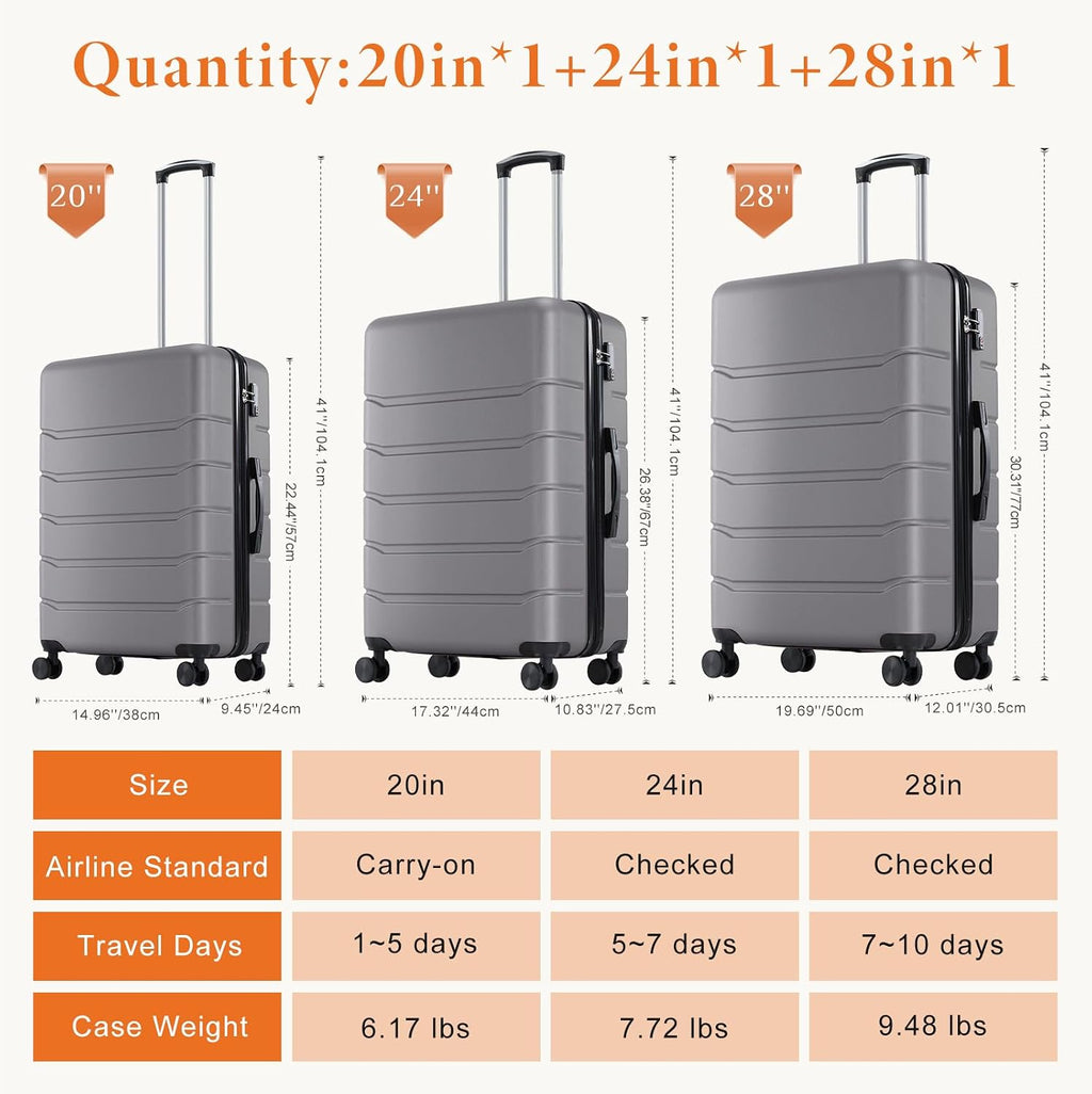 Sweetcrispy 3 Piece Luggage Set, ABS Hard Shell Carry On Suitcase with Smooth Spinner Wheels and TSA Lock, Lightweight Rolling Travel Luggage 20/24/28 Inch for Travel Business Vacation, Dark Grey