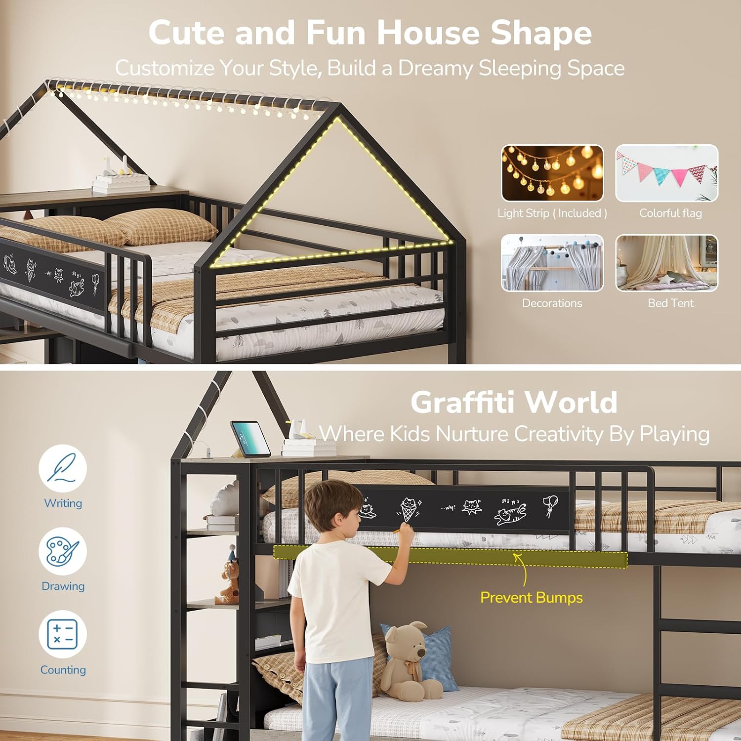 Twin Bunk Bed for Kids with 6 Storage Drawers, Montessori Bookshelf, House Shaped Bed with Globe String Lights and USB Ports, Metal Low Bunk Bed Twin Over Twin with Safety Guardrail and Ladder, Black