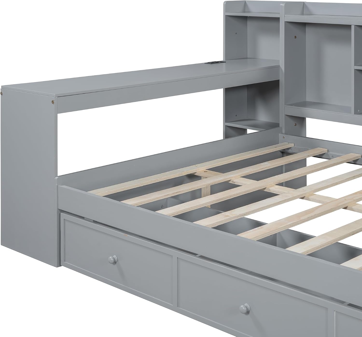 Full Size Daybed with Storage Shelves and Study Desk, Wooden Daybed Sofa Bed Frame with 3 Drawers and USB Ports for Office Living Room Bedroom, Maximize Space (Gray-22U)