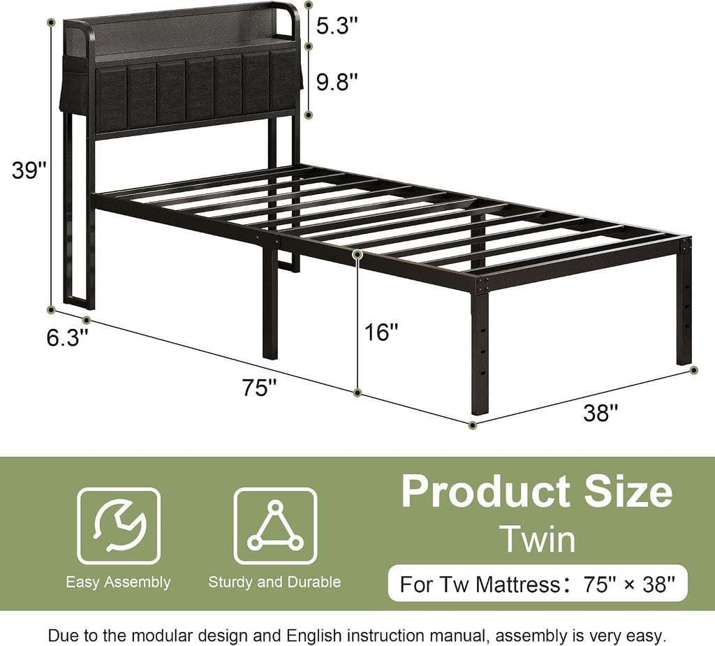 Lutown-Teen 16 Inch Twin Bed Frames with Upholstered Storage Headboard, Sturdy Single Bed Frame, No Box Spring Needed Twin Platform, Black