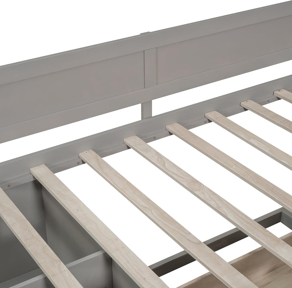 Twin Size Daybed with 4 Pull-Out Drawers and 3 Functioning Shelves,Solid Wood Day Bed Frame with Wooden Slats Support for Bedroom,No Box Spring Required (Gray-AB40)