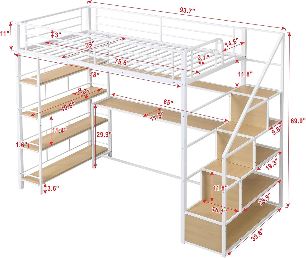 JIVOIT Metal Loft Bed with Storage Staircase, Twin Size Loft Bed with Built-in Desk and 3-Tier Storage Shelves, Space-Saving 3 in 1 Design Metal Loft Bed with Guardrails, No Box Spring Needed