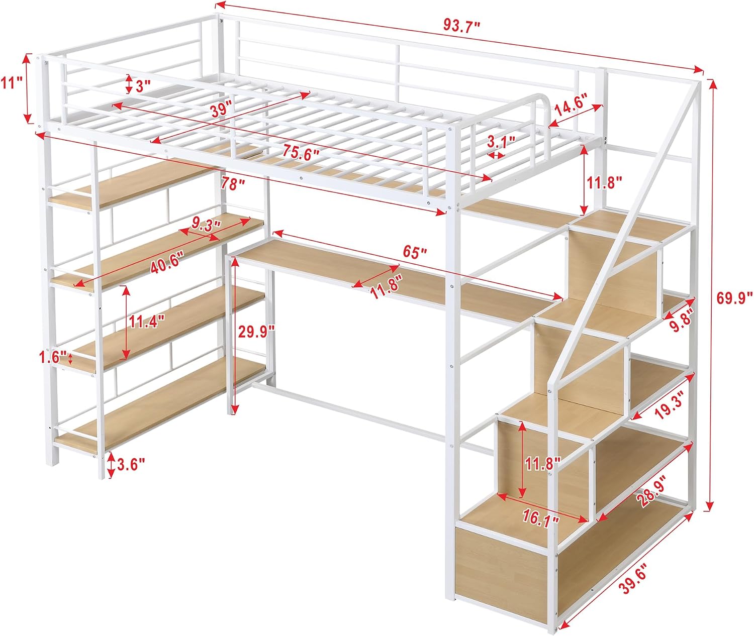 JIVOIT Metal Loft Bed with Storage Staircase, Twin Size Loft Bed with Built-in Desk and 3-Tier Storage Shelves, Space-Saving 3 in 1 Design Metal Loft Bed with Guardrails, No Box Spring Needed