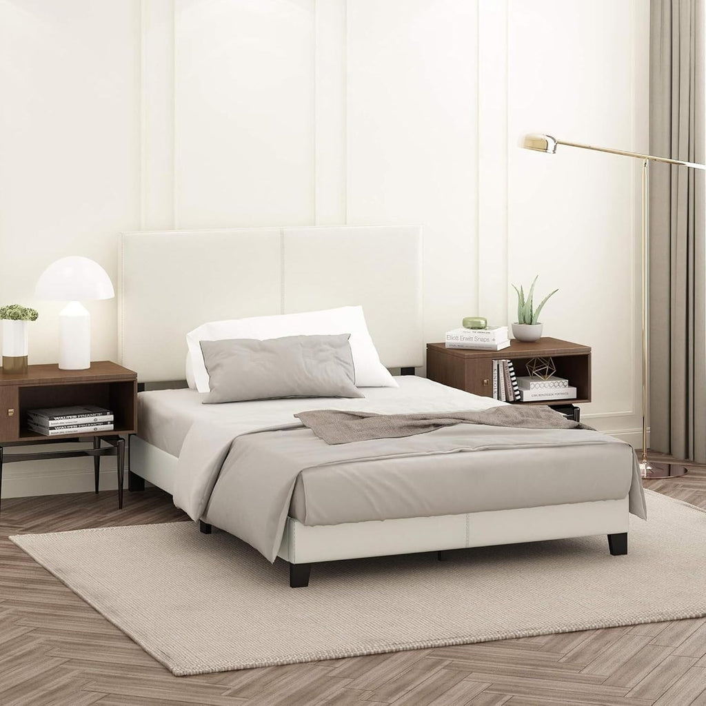 Upholstered Bed Frame Full Size, Modern Platform Bed with PU Leather Headboard & Wood Slat Support, Easy Assembly, Sturdy Bedroom Furniture (White)
