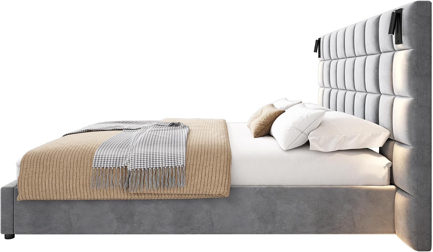 Merax Velvet Upholstered California King Size Bed Frame with Wide headboard and Small Reading Lamp with USB Port, Low Platform Bed Frame for Adults, Without Bedside Tables and Mattress, Gray