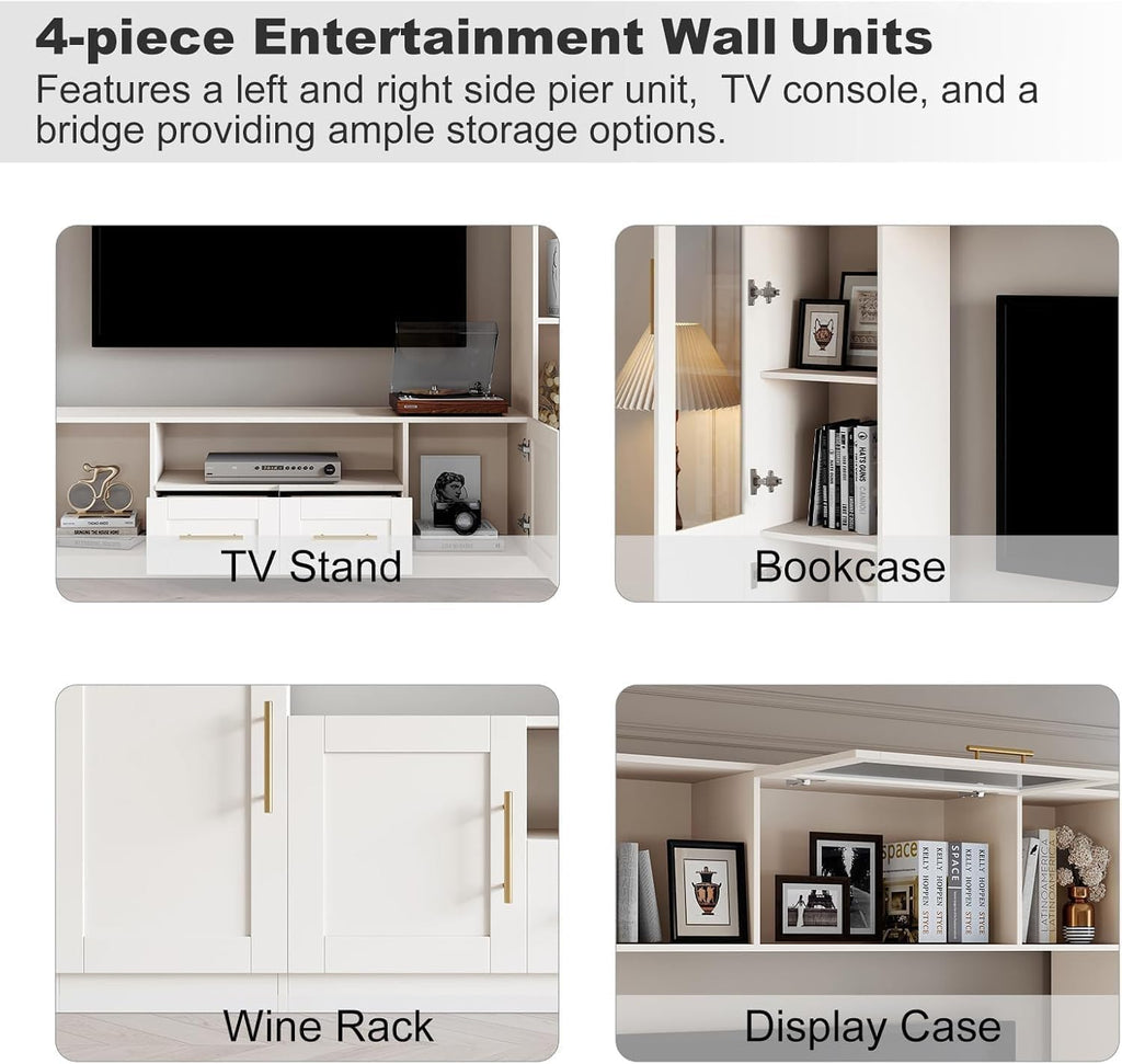 Entertainment Wall Unit, 4-Piece Large TV Stand Wall Unit Entertainment Center with Bookshelves & Storage, Wall Media Center with Shelves for TVs Up to 70', Media Console for Living Room, White.