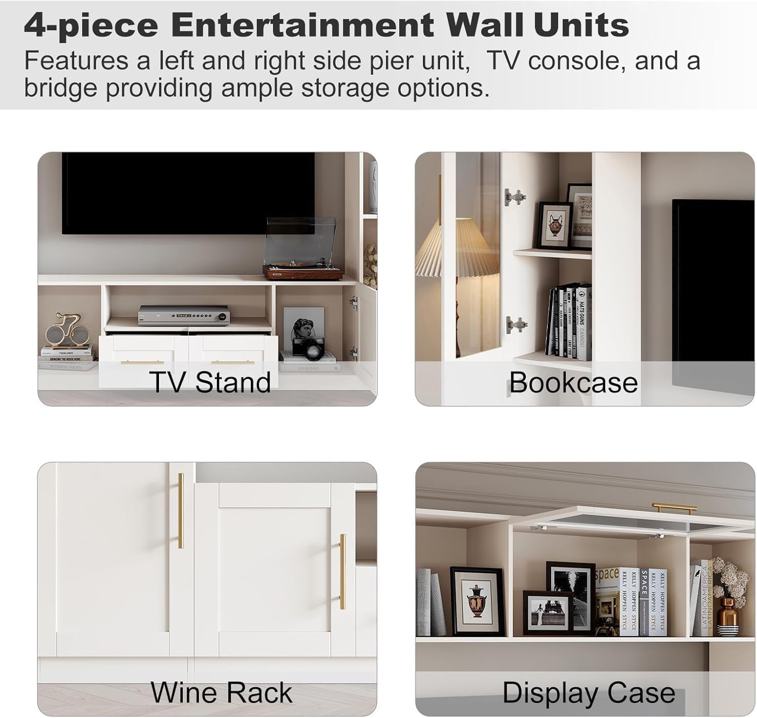 Entertainment Wall Unit, 4-Piece Large TV Stand Wall Unit Entertainment Center with Bookshelves & Storage, Wall Media Center with Shelves for TVs Up to 70', Media Console for Living Room, White.