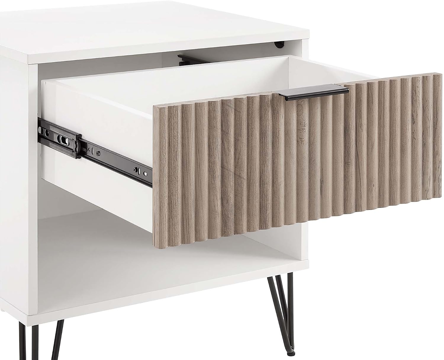 Manhattan Comfort Dumbo Fluted Nightstand with Drawer and Open Shelf, Gold Hairpin Legs and Metal Handle, Snap Tool-Free Assembly, Bedside Accent Table for Bedroom, Living Room in White & Rustic Grey