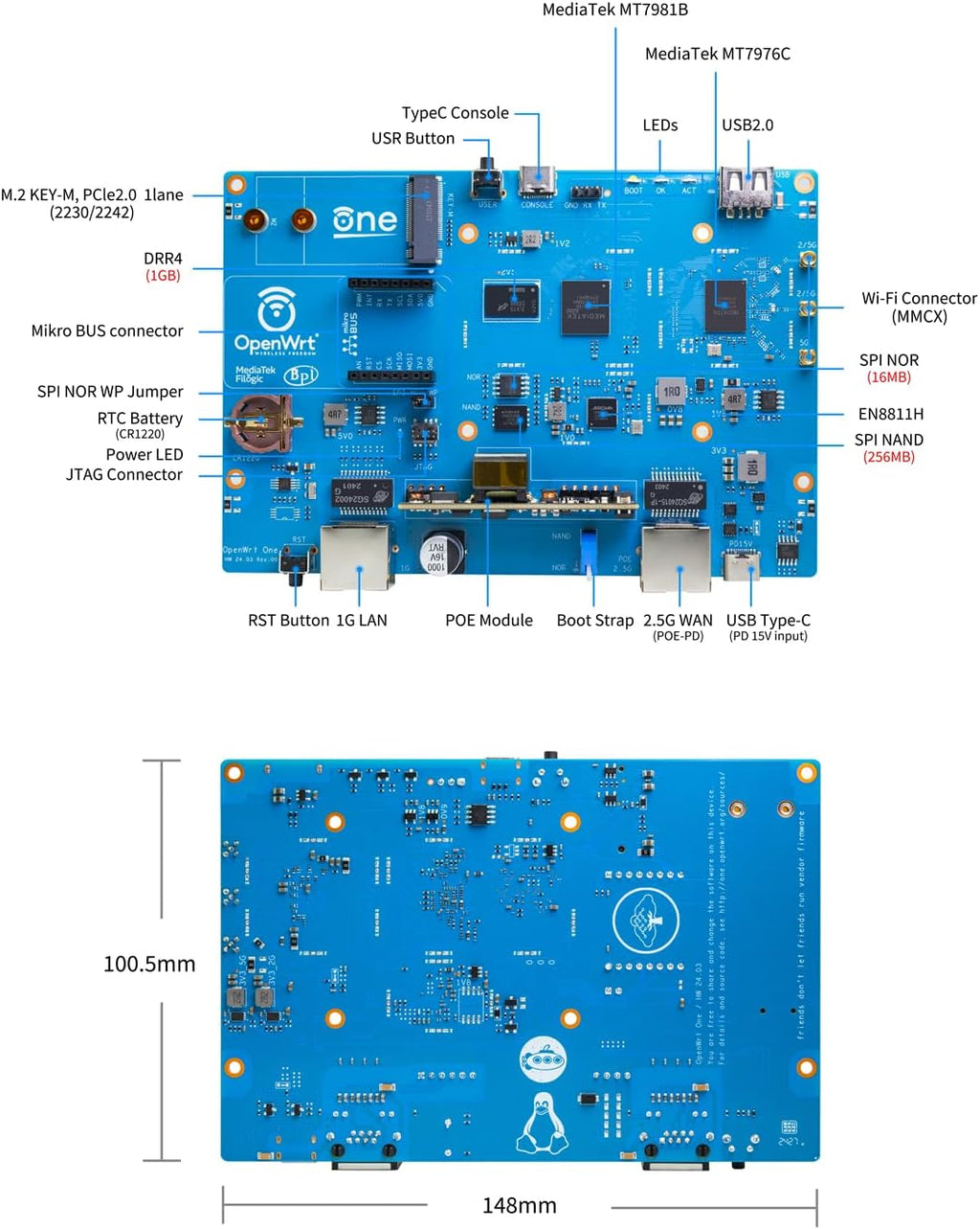 WayPonDEV Banana Pi WiFi 6 OpenWrt One Router Board, Wireless Dual Band Internet Router, MediaTek MT7981B SoC 1GB DDR4 RAM, Integrated 1x 2.5GbE WAN Gigabit LAN RJ45 Port, Support AP, WPA,WPA2,WPA3