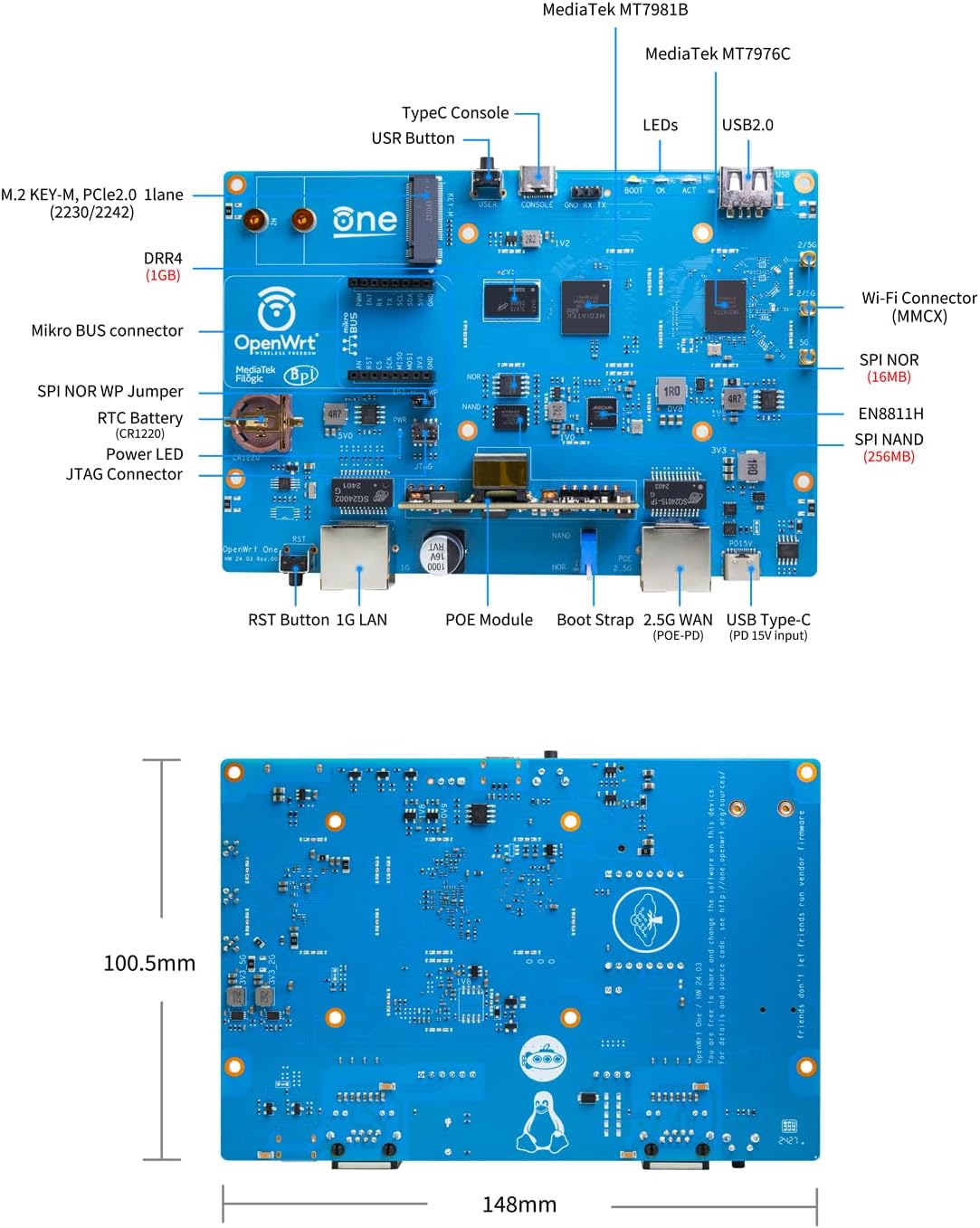 WayPonDEV Banana Pi WiFi 6 OpenWrt One Router Board, Wireless Dual Band Internet Router, MediaTek MT7981B SoC 1GB DDR4 RAM, Integrated 1x 2.5GbE WAN Gigabit LAN RJ45 Port, Support AP, WPA,WPA2,WPA3