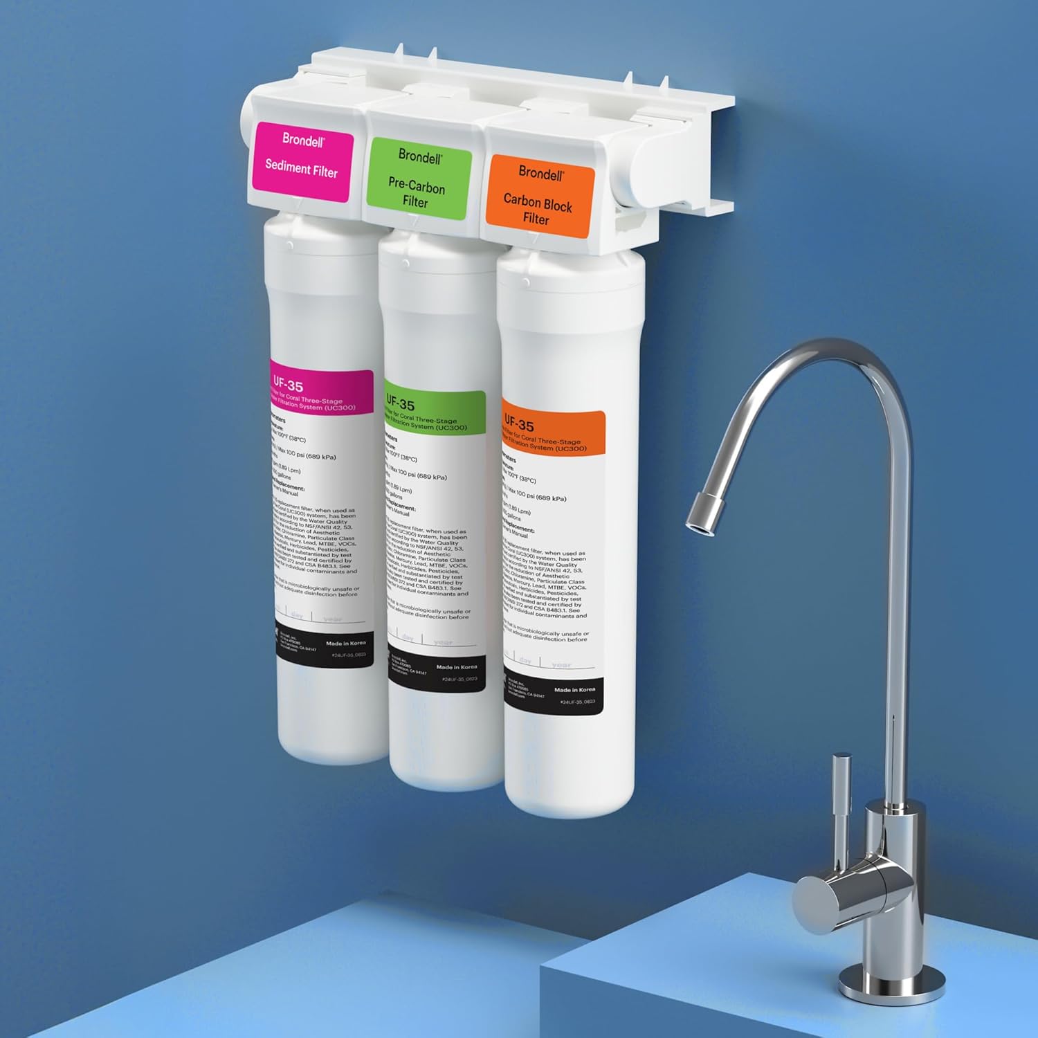 Brondell Coral UC300 Under Sink Water Filtration System – Reduces PFAS, Lead, & Chlorine in Drinking Water, Water Purifier with Designer Chrome Faucet – Quick Change Filter, WQA Gold Seal-Certified