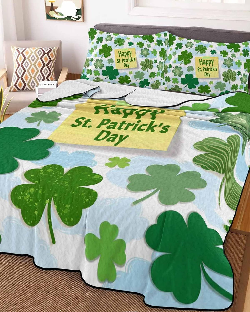 Quilt King Size Bedding Set, St. Patrick's Day Lightweight Summer Quilt 3 Pieces Bedding Sets, Spring Lucky Green Shamrock Cloud Blue Reversible Soft Bedspreads Coverlets with 2 Pillow Shams
