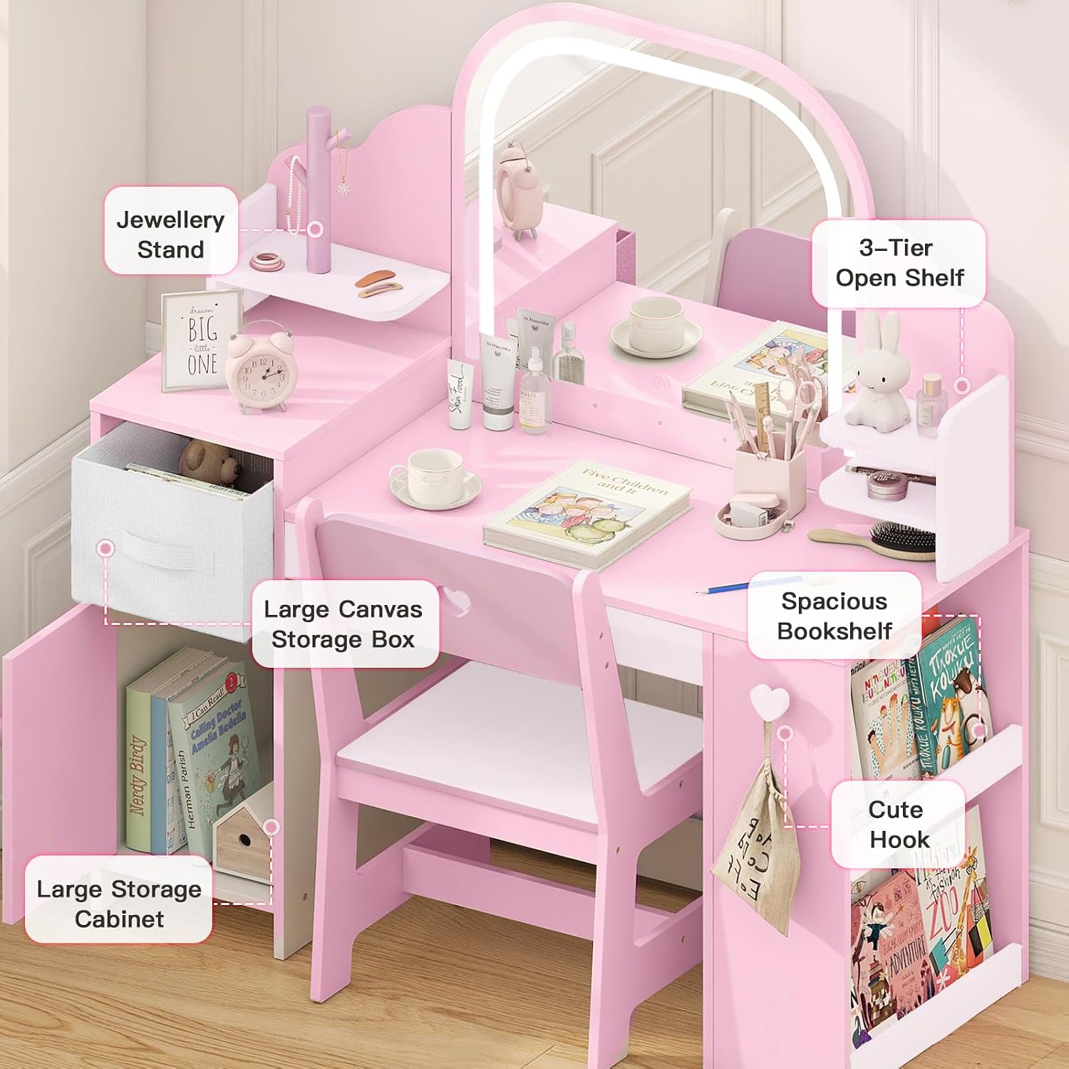 Frogprin Kids Vanity with Lights and Chair, Princess Makeup Vanity Desk with Mirror Bookshelf Storage Cabinet,3 in 1 Toddler Vanity Table,Makeup Dressing Table,Pretend Play Vanity for Little Girl-Pink