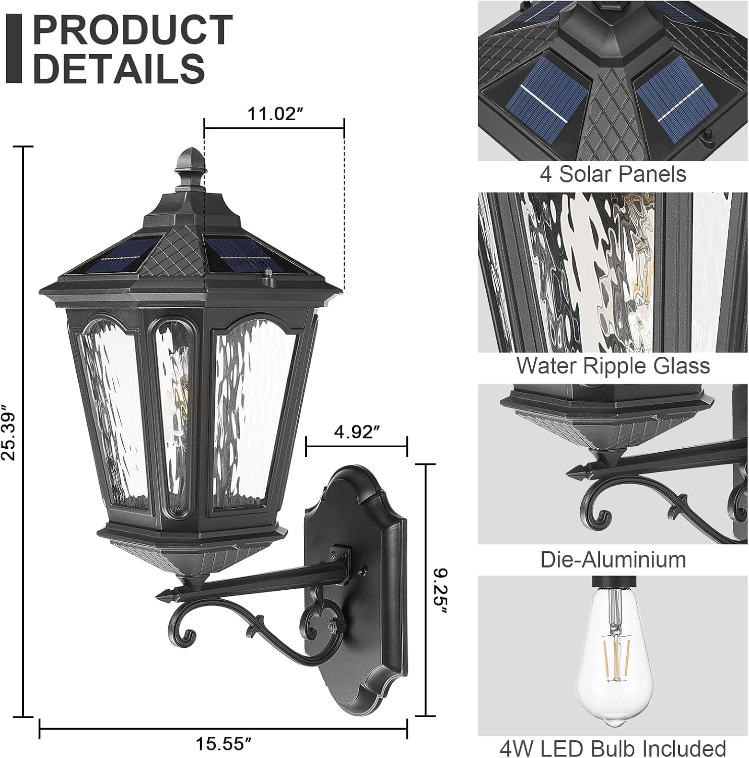25'' Large Solar Wall Light Outdoor with Remote Control, LED Dusk to Dawn 3 Lighting Modes Solar Exterior Wall Lantern Outside Sconce Lights for Patio Doorway Porch Walkway