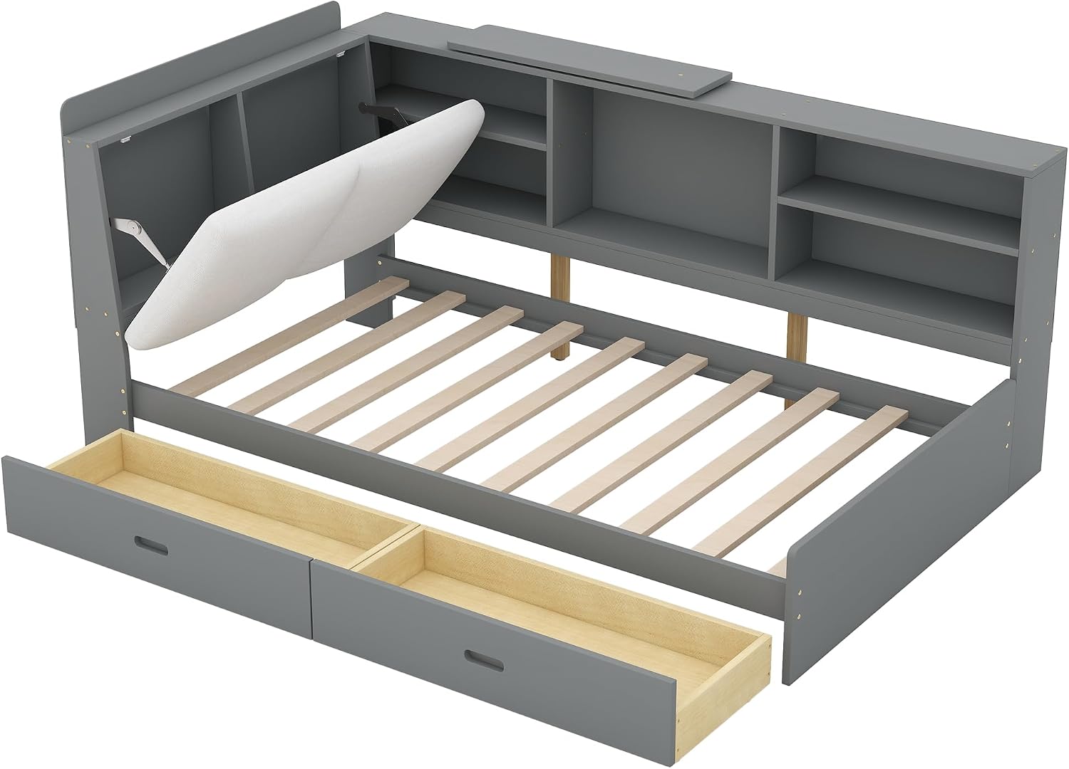Twin Size Platform Bed with Storage Headboard and Shelves, Wooden Daybed Frame with Side Bookcase and 2 Drawers,Wood Slat Support, Rotatable Storage Board (Gray-83J)