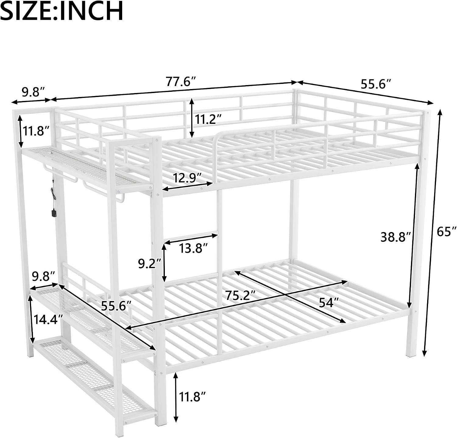 Metal Bunk Bed with Storage Mesh Shelves and Clothes Hooks, Open Storage Shelves, Full Size Bunk Bed with Full-length Reinforced Guardrails for Teens and Adults, No Box Spring Needed (White//96)