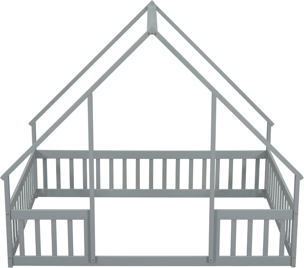 JIVOIT House Bed Full Size Floor Bed, Full Wood House-Shaped Floor Bed with Fence and Guardrails, Wood House Roof Frame, Montessori Floor Bed Frame (Grey-Full,129)