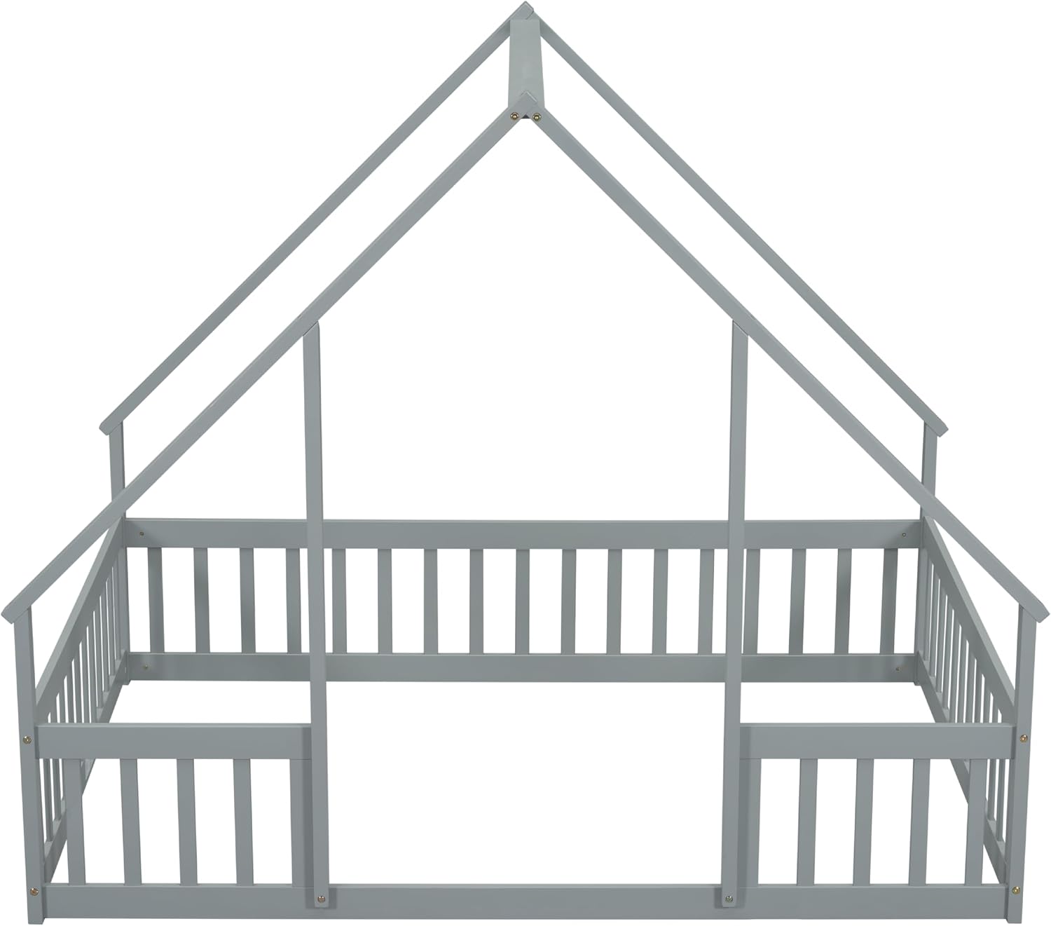 JIVOIT House Bed Full Size Floor Bed, Full Wood House-Shaped Floor Bed with Fence and Guardrails, Wood House Roof Frame, Montessori Floor Bed Frame (Grey-Full,129)