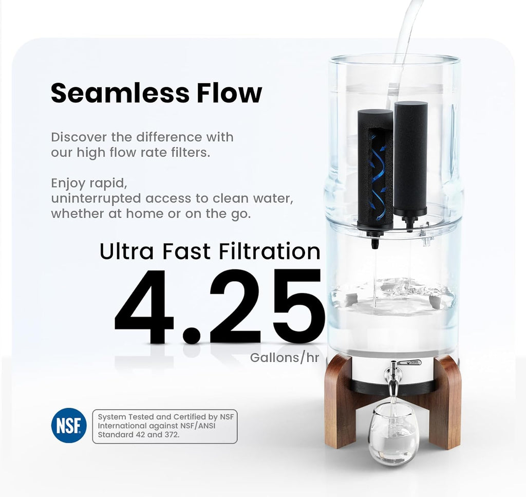 2.25 G Gravity Water Filter System | Dual Carbon Filtration | NSF/ANSI 42 & 372 Certified | Removes 99.9% Lead, PFAS, Chlorine & 200+ Contaminants | Countertop Stainless Steel Water Filter | Portable