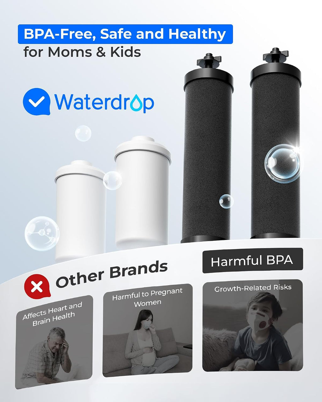 [Ultrafiltration] Waterdrop Gravity Water Filter, Replacement for Berkey®, Purewell®, BB9-2® Black Filters & PF-2® Fluoride Filters, Waterdrop Gravity Water Filter System, NSF/ANSI 372 Standard