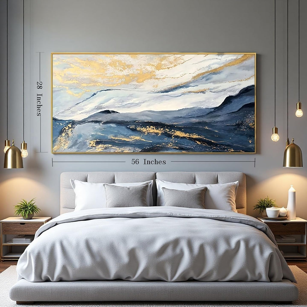 Large Textured Blue & Gold Mountain Framed Wall Art for Living Room, Abstract Landscape Oil Painting with Gold Foil for Bedroom, Modern Luxury Wall Decor for Office, Ready to Hang 28x56 Inches