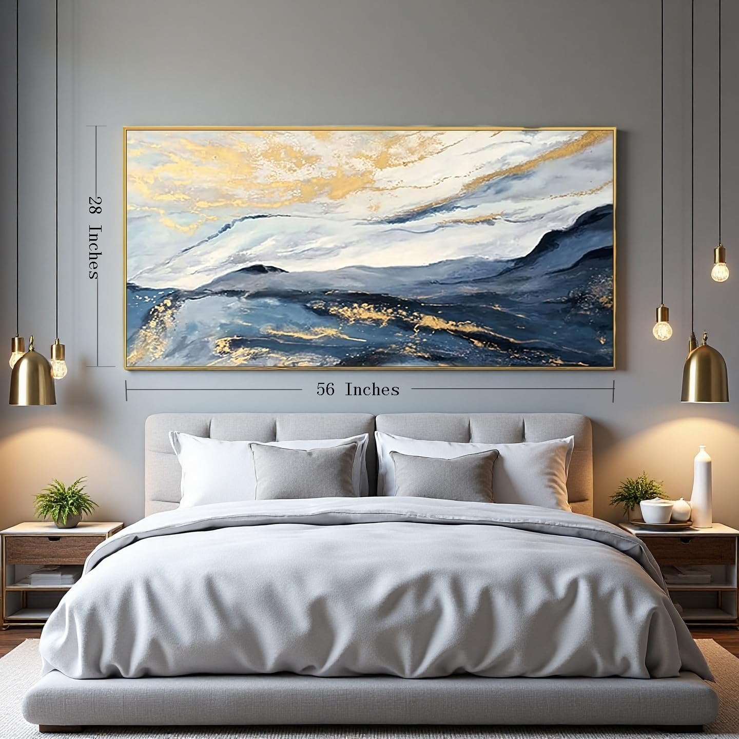 Large Textured Blue & Gold Mountain Framed Wall Art for Living Room, Abstract Landscape Oil Painting with Gold Foil for Bedroom, Modern Luxury Wall Decor for Office, Ready to Hang 28x56 Inches