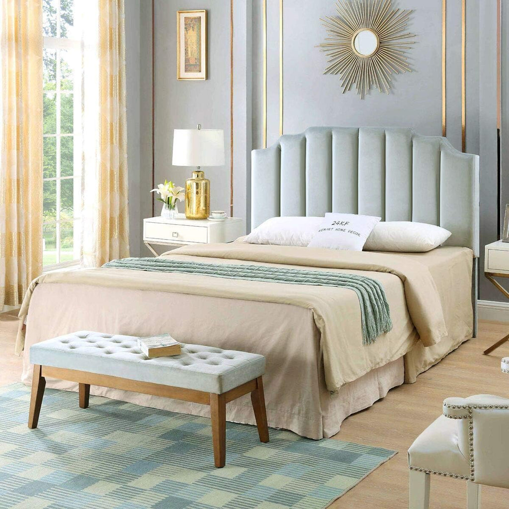 24KF Steel Gray Velvet Tufted Queen Upholstered Headboard, Modern Vertical Channel Design California Queen/Full Headboard with Stepped Silhouette Top Edge, 6026-Q-New Steel Gray