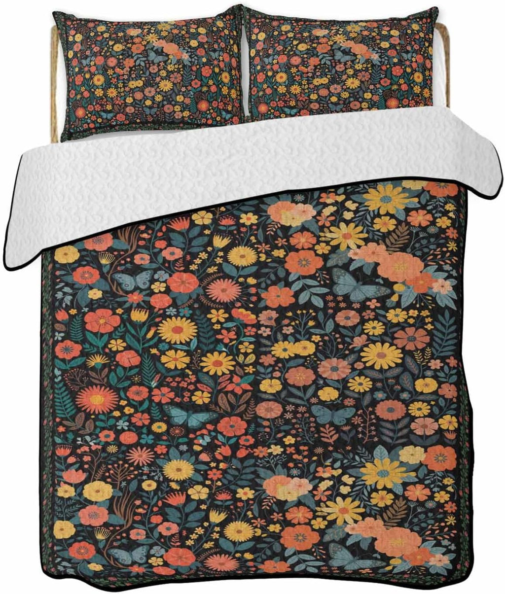 Quilt King Size Bedding Set, Boho Black Flowers Lightweight Summer Quilt 3 Pieces Bedding Sets, Spring Abstract Watercolor Floral Leaf Reversible Soft Bedspreads Coverlets with 2 Pillow Shams