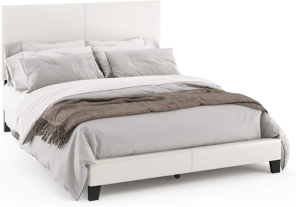 FURINNO Pessac PU Leather Upholstered Platform, Queen, White,FB19821QWH