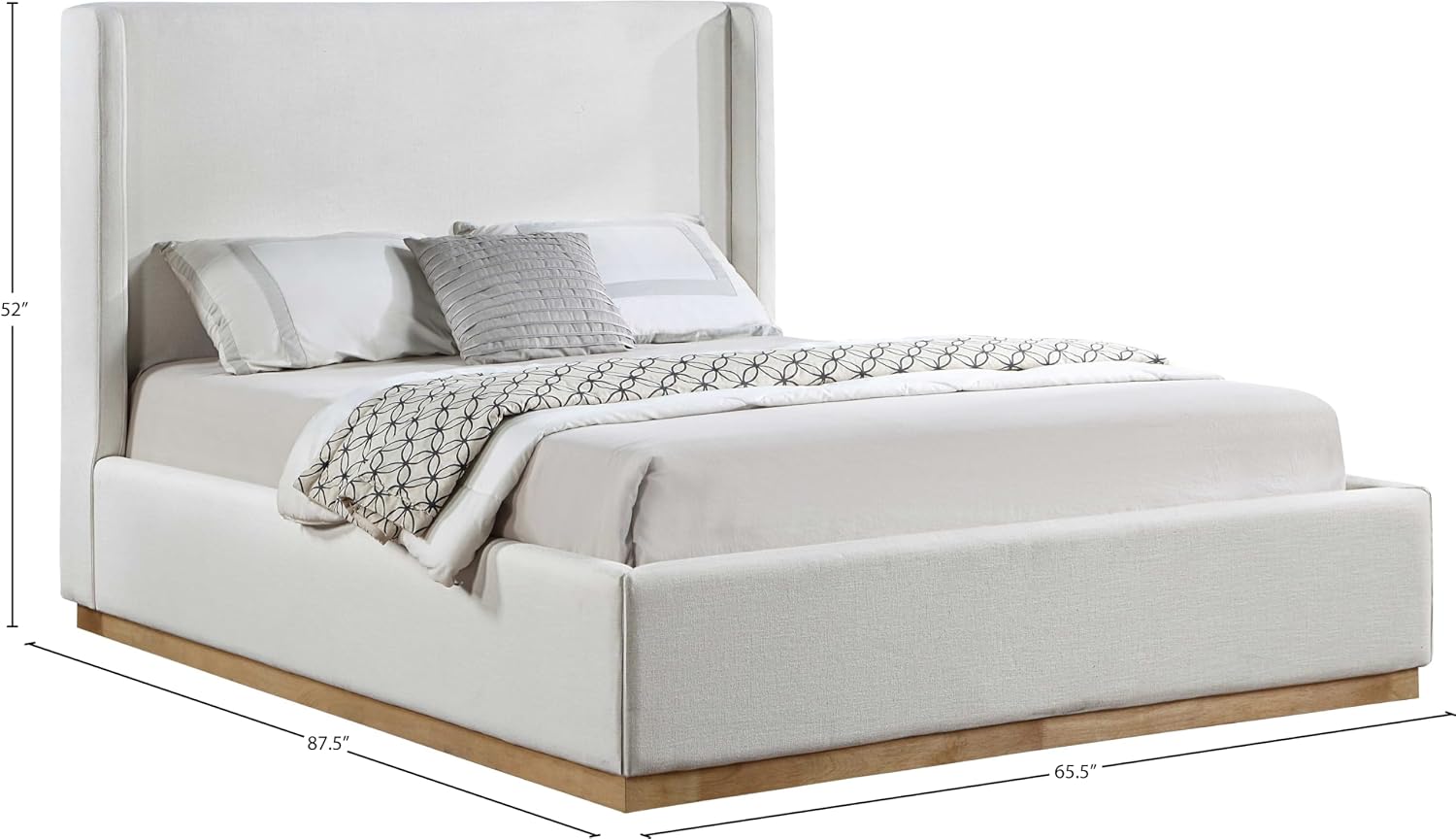 Meridian Furniture FlynnCream-Q Flynn Collection Modern | Contemporary Queen Bed with Cream Linen Textured Fabric, Natural Finish Solid Wood Base, Wing Back, 65.5' W x 87.5' D x 52' H, Cream, Queen