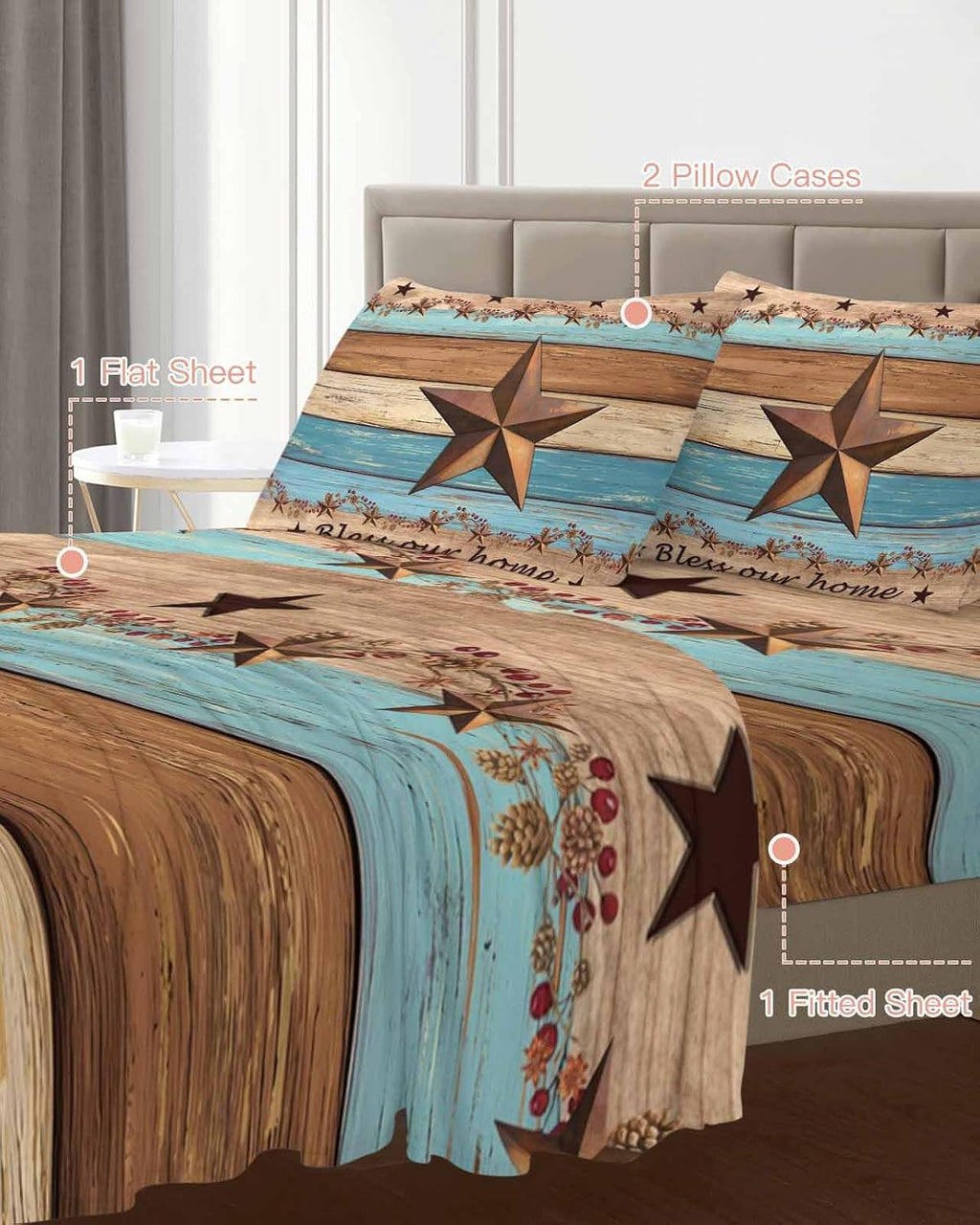 Western Texas Star Retro Cal King Sheet Set 4 Piece Bedding - Country Farmhouse Light Blue Brown Wood Breathable Comfy Cooling Bed Sheets & Pillowcase Sets,Hotel Flat Sheets Deep Pockets Fitted Sheet