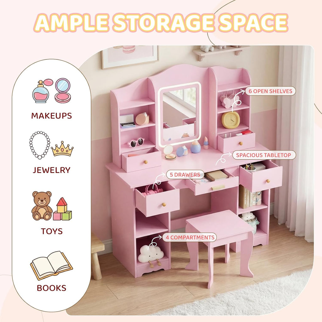 Arlopu Kids Vanity with 3-Color Lights, Girls Vanity Set w/Large Storage, Mirror ＆ Stool, 2 in 1 Princess Wooden Pretend Play Makeup Desk, Dressing Table and Chair, Open Shelves, Drawer (Pink)