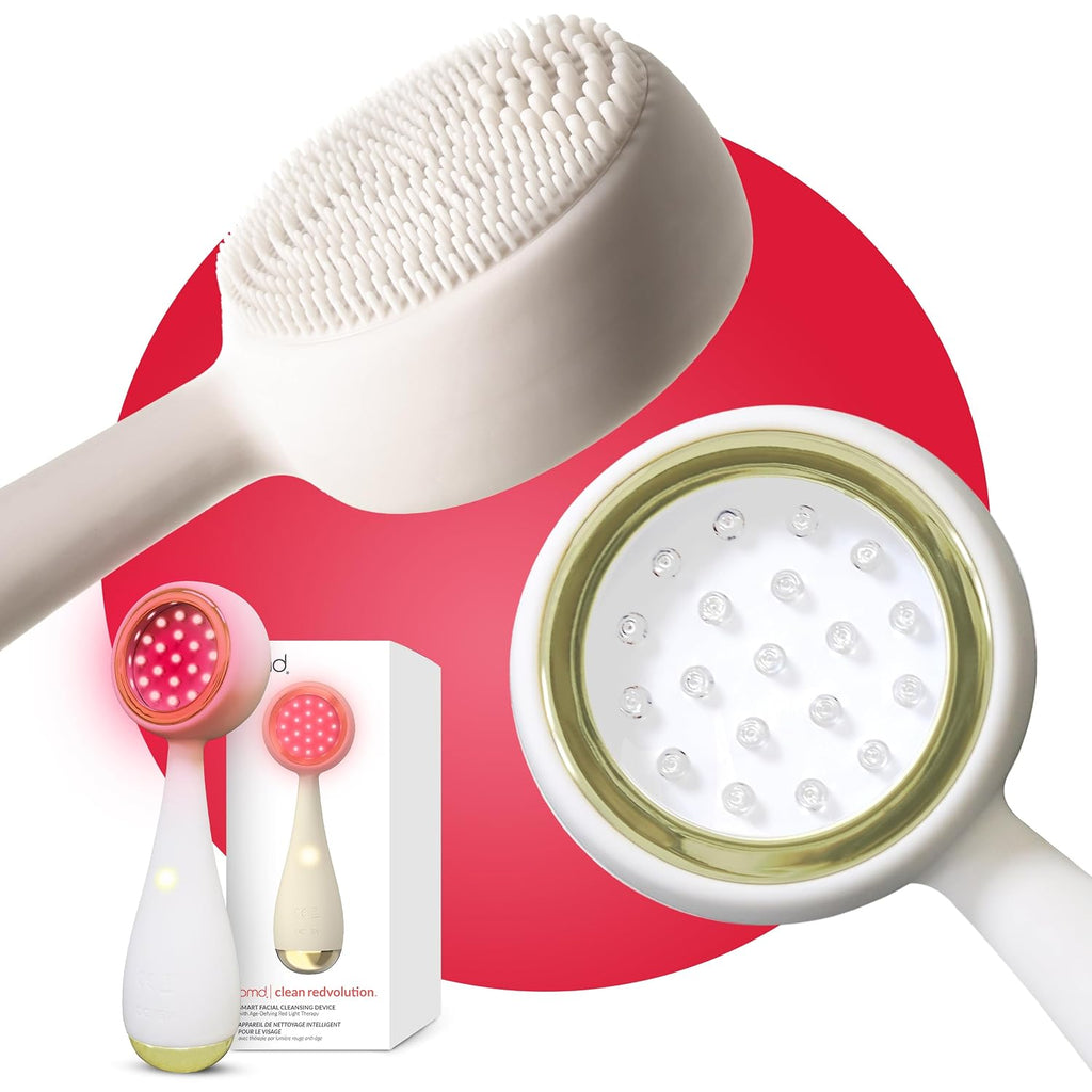 Clean, Acne, and Redvolution - Electric Facial Cleansing Brush, Smart Facial Device with Silicone Brush & Anti-Aging Massager, Red and Blue LED Light