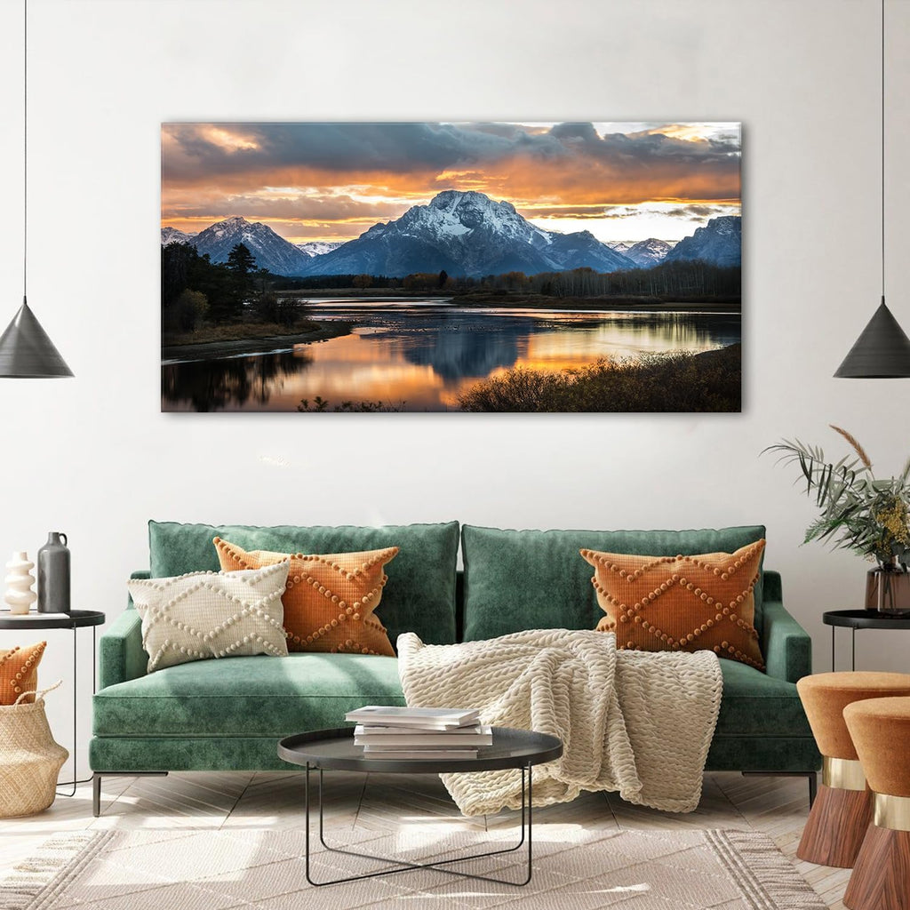 Extra Large Mountain Wall Art for Living Room Sunset Nature Grand Teton Wall Decor National Park Posters Wyoming Snake River Landscape Canvas Prints Artwork for Bedroom Office Home Decoration 35x70'