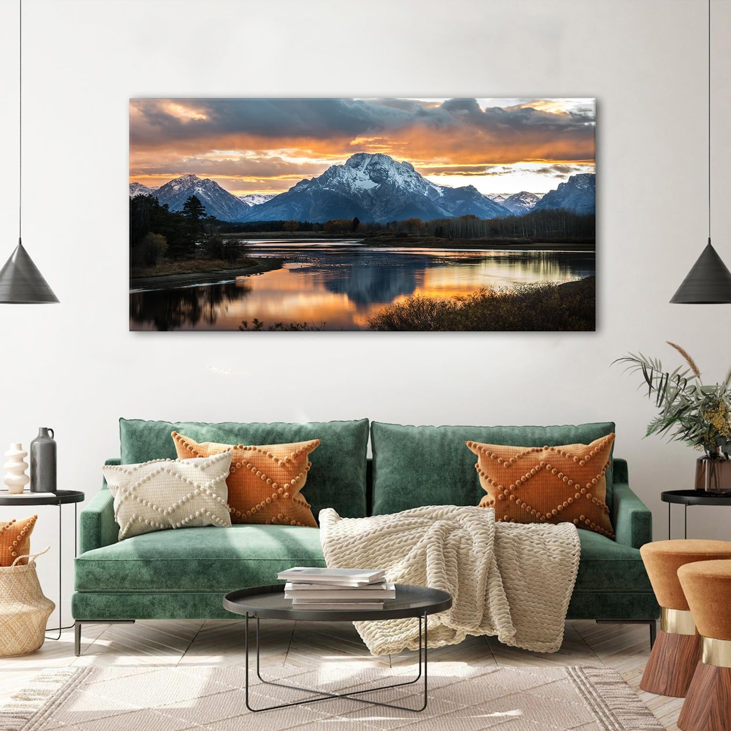 Extra Large Mountain Wall Art for Living Room Sunset Nature Grand Teton Wall Decor National Park Posters Wyoming Snake River Landscape Canvas Prints Artwork for Bedroom Office Home Decoration 35x70'